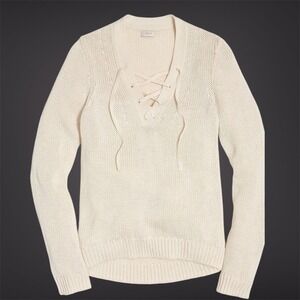 J Crew Lace Up V Neck Knit Sweater Cream Beige Size L